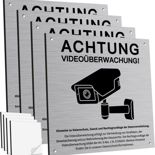 PATRICHOR Warnschild Videoüberwachung Aluminium 4er-Set