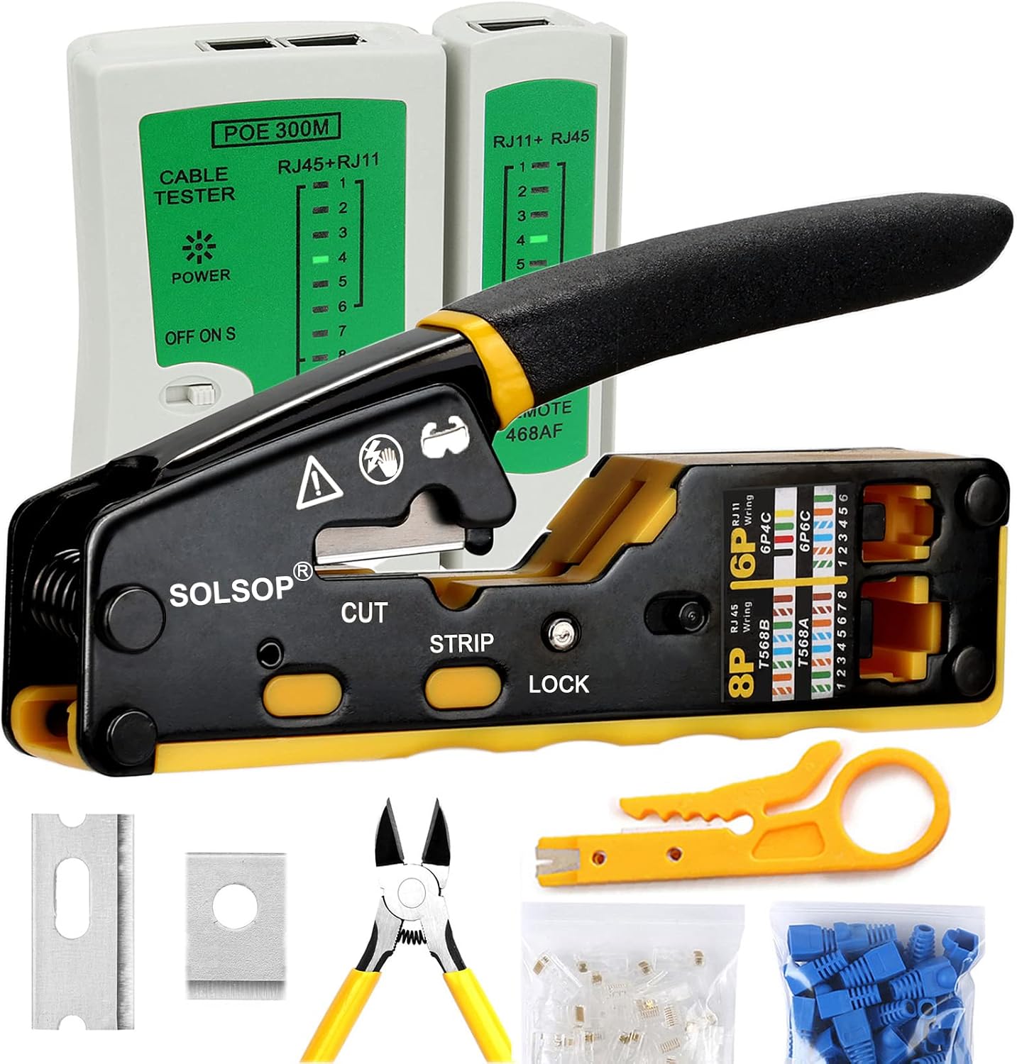 Solsop Crimper Kit 16 Bild 1 Die Solsop Crimpzange verarbeitet RJ45-Stecker mit Schritttechnik. Im Set liegen 50 Stecker, 50 Hüllen und ein Kabeltester.
