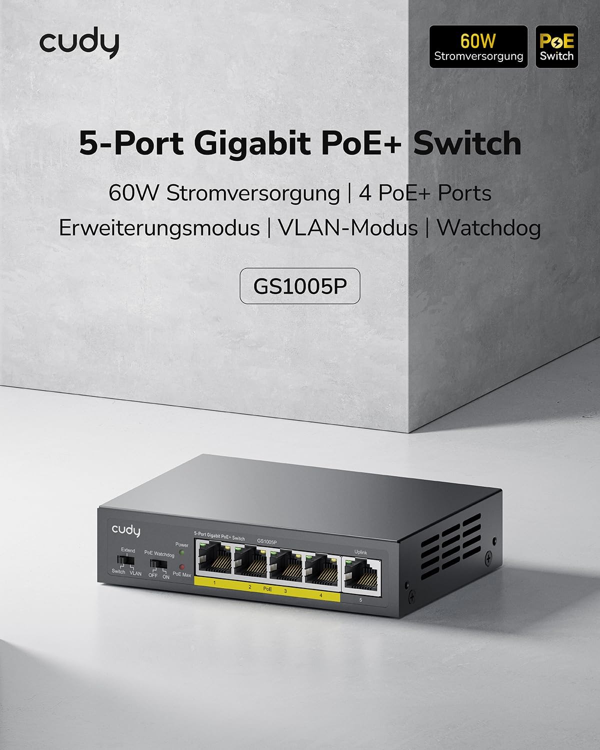 Cudy GS1005P Bild 1 Cudy GS1005P 5-Port Gigabit PoE+ Switch