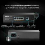 MokerLink 5-Port Gigabit PoE+ Switch, 4 PoE-Ports 78 W, unmanaged, Metall
