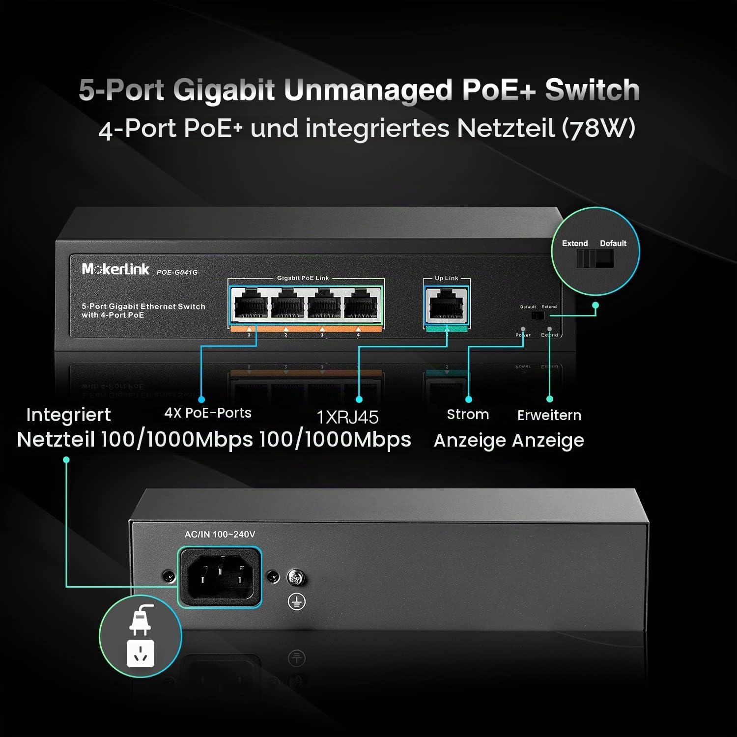 MokerLink POE-G041G Bild 1 MokerLink 5-Port Gigabit PoE+ Switch, 4 PoE-Ports 78 W, unmanaged, Metall