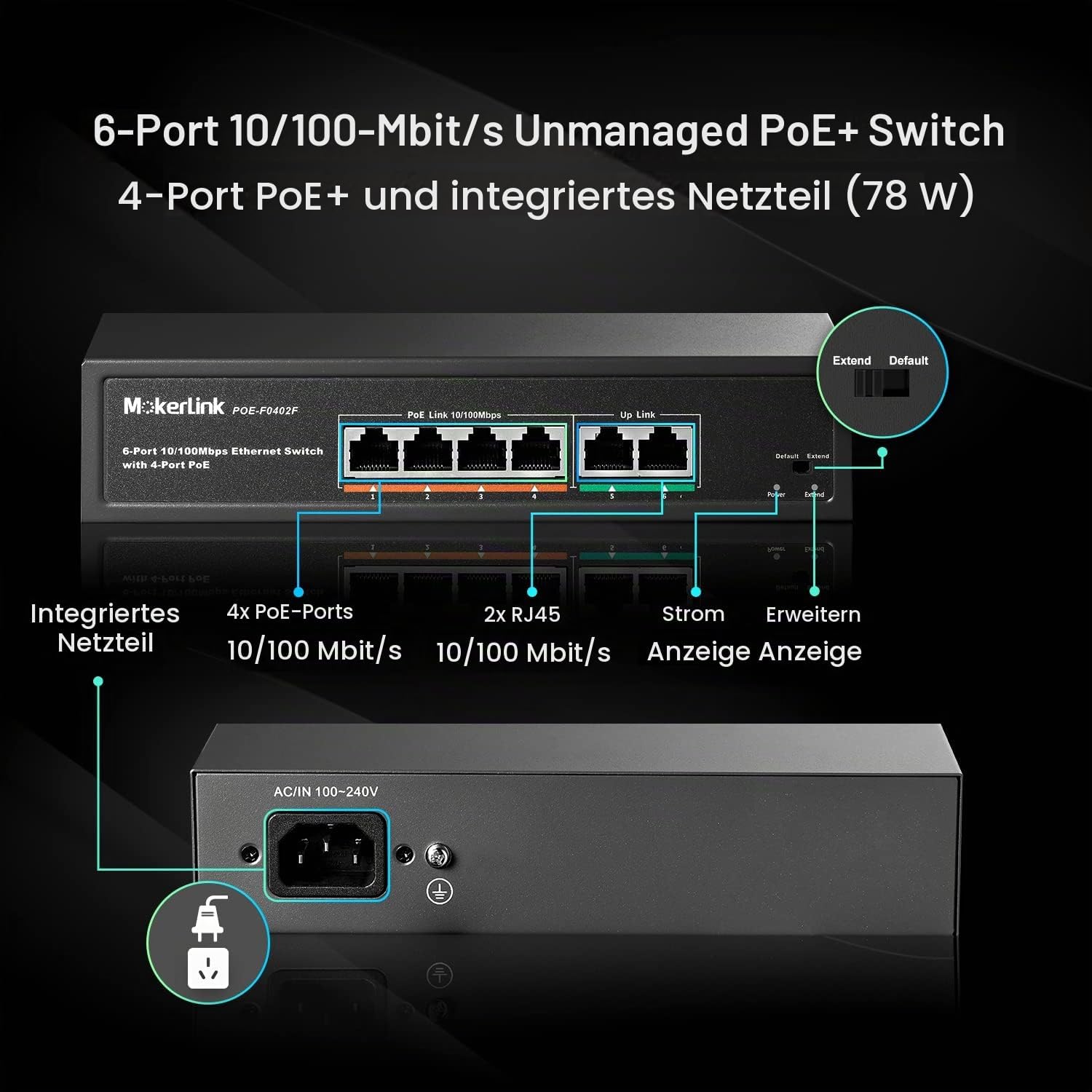 MokerLink POE-F042F Bild 1 MokerLink PoE-Switch 6 Ports mit 4 PoE+-Ports