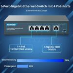 YuanLey 5-Port Gigabit PoE-Switch, 4 PoE+ Ports 78 W, unmanaged, lüfterlos