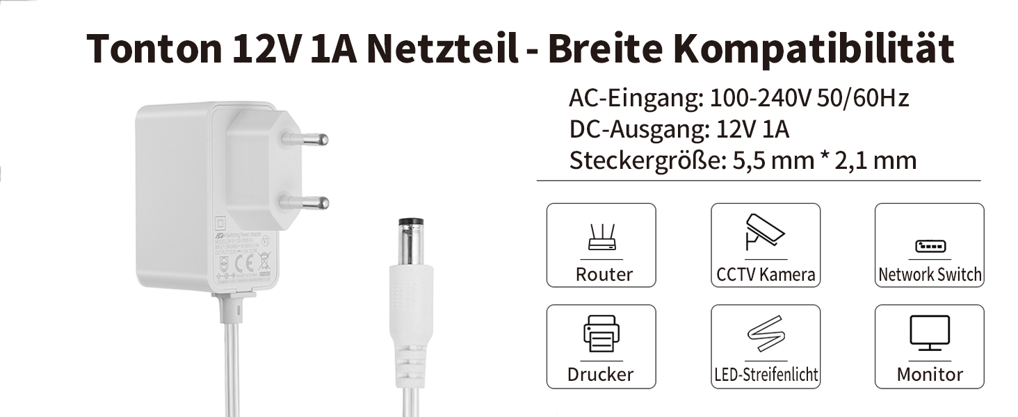Lonnky 12 V 1 A Netzadapter mit 3 m Kabel weiss – Detail 4