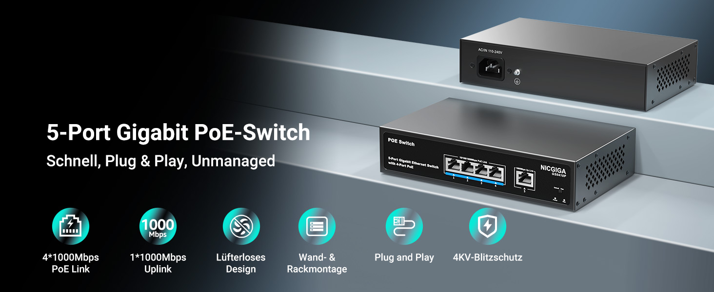 NICGIGA GS0410P PoE-Switch mit vier PoE+-Ports und Gigabit-Uplink – Detail 1