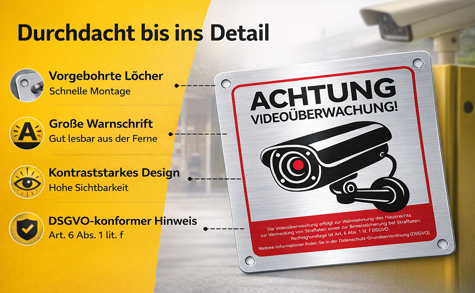 Ithyes Warnschild Videoüberwachung aus Aluminium 15 x 15 cm – Detail 3