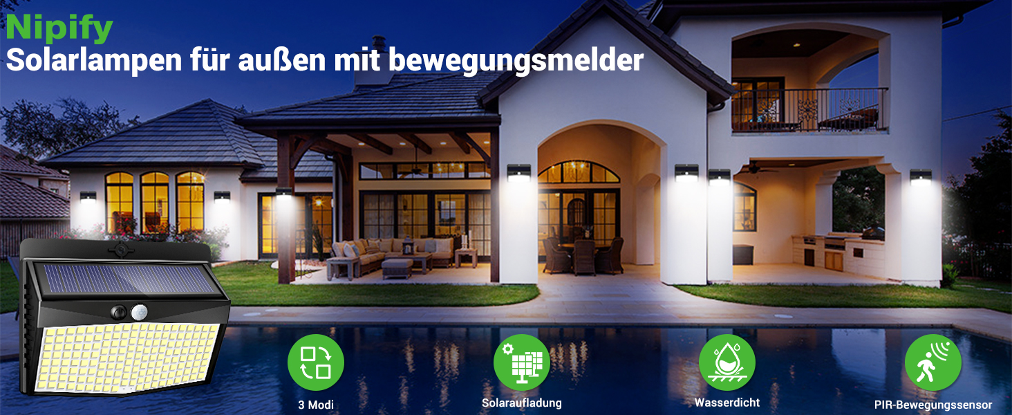 nipify Solarlampe für Aussen mit Bewegungsmelder und 168 LEDs – Detail 1
