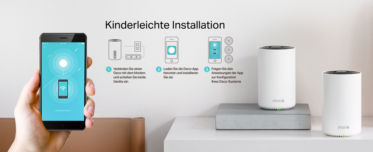 TP-Link Deco XE75 Mesh-WLAN-System mit drei weissen Einheiten – Detail 12