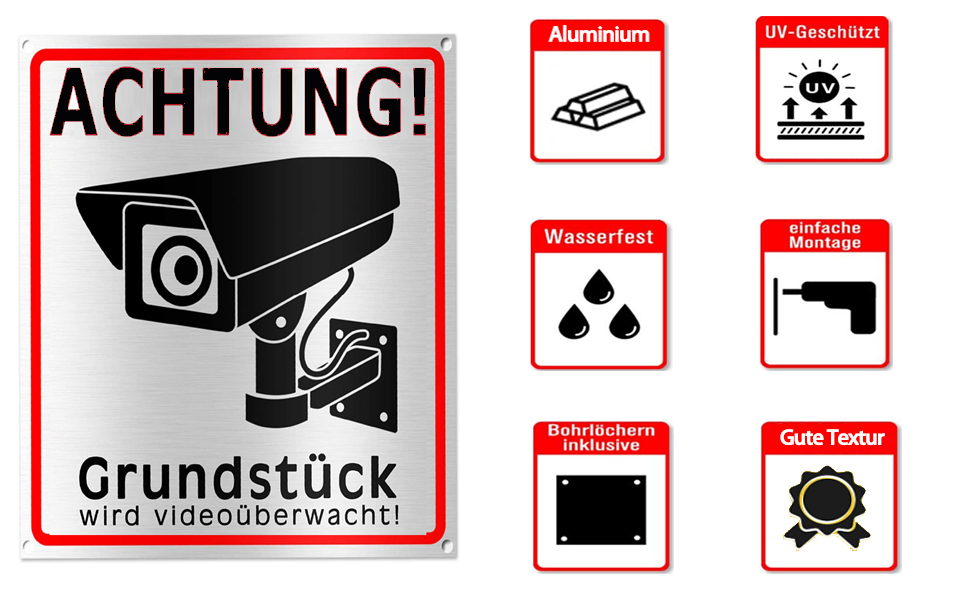 YUANHONGKEJI Videoüberwachung Schild aus Aluminium 15 x 15 cm, 3 Stück – Detail 1