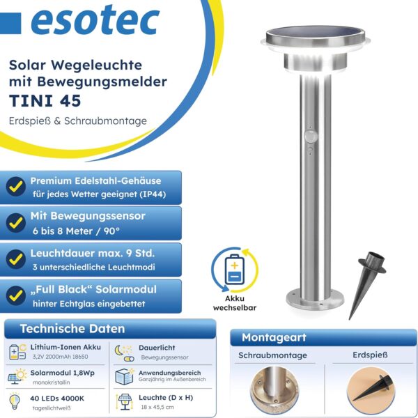 Esotec Tini 45 Solar Standleuchte mit PIR-Sensor