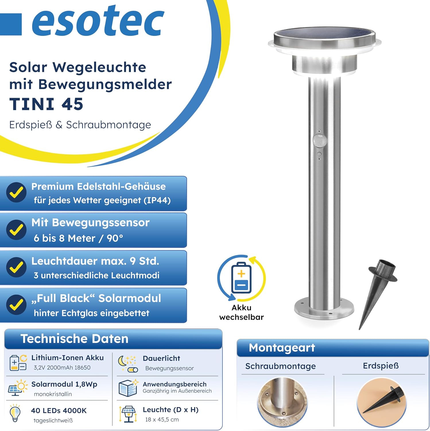 Esotec 102596 Bild 1 Esotec Tini 45 Solar Standleuchte mit PIR-Sensor