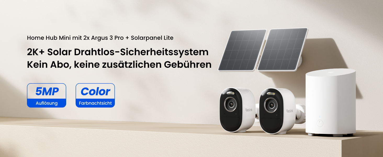 Reolink Home Hub Mini mit zwei Argus 3 Pro Solar-Überwachungskameras – Detail 1