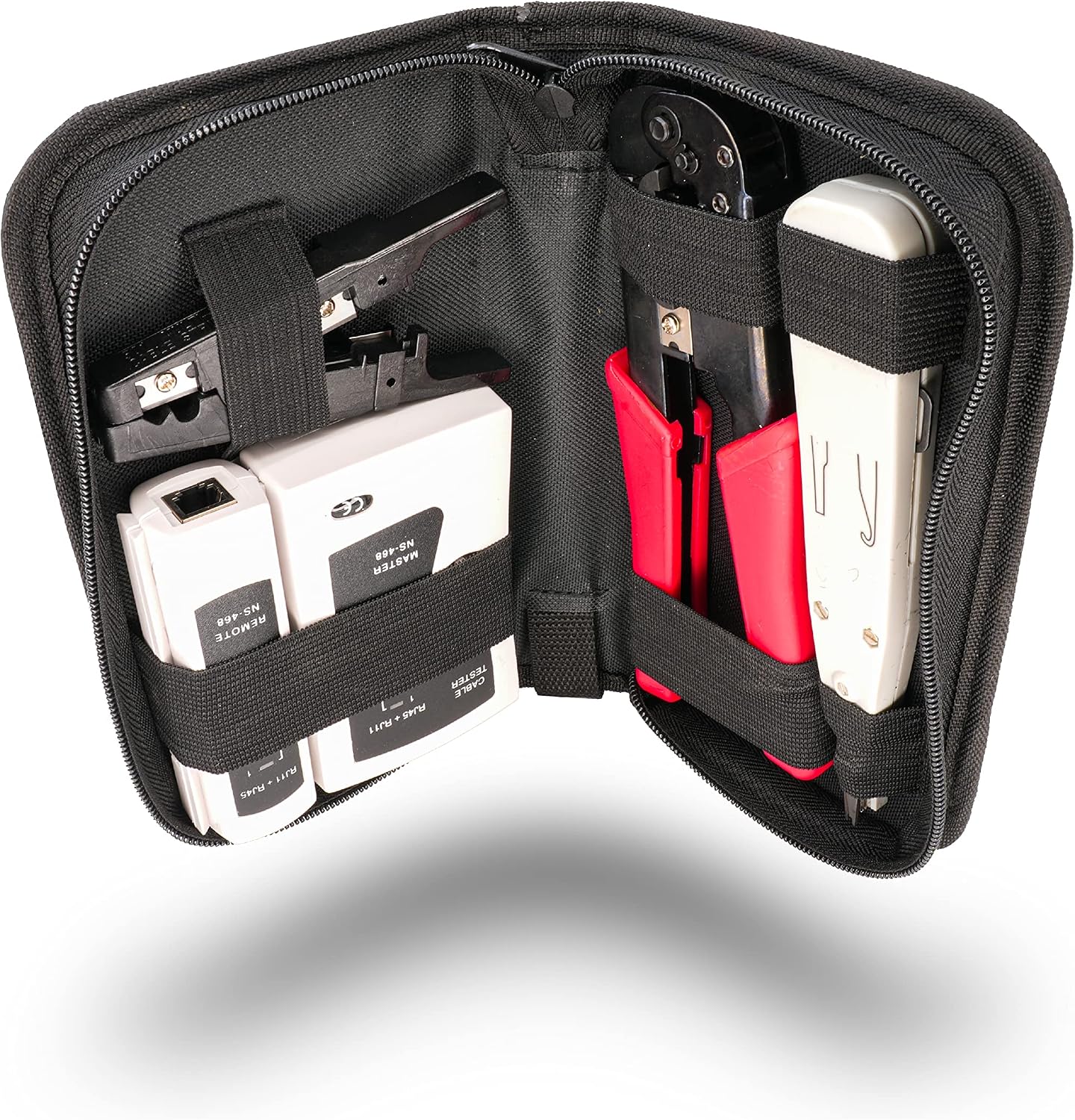 BIGtec Werkzeug-Set 4in1 Bild 1 Das Werkzeugset enthält einen Netzwerktester, eine Crimpzange, ein Abisolierwerkzeug und ein Auflegewerkzeug.