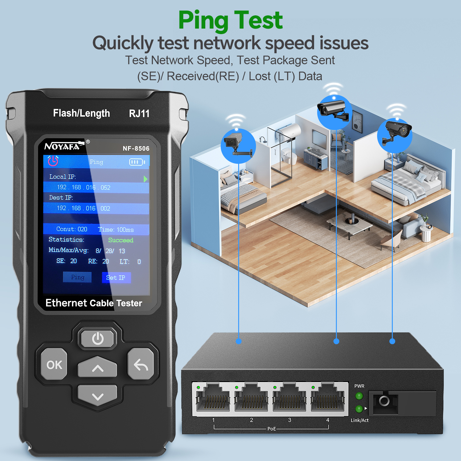 Der Hersteller zeigt die TDR-Längenmessung, den PoE-Test und den IP-Scan in den Produktdetails. – Detail 5