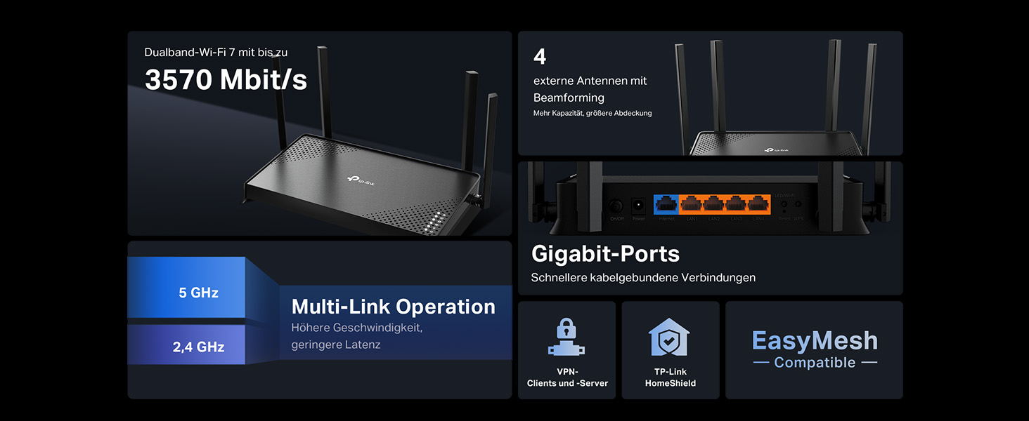 TP-Link Archer BE220 Wi-Fi 7 WLAN-Router mit Antennen – Detail 2