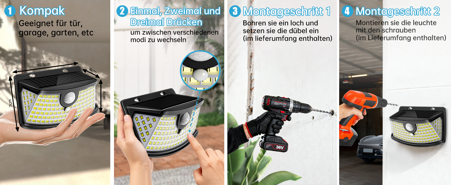 Aootek Solarlampe mit Bewegungsmelder, Kaltweiss, Wandmontage – Detail 4