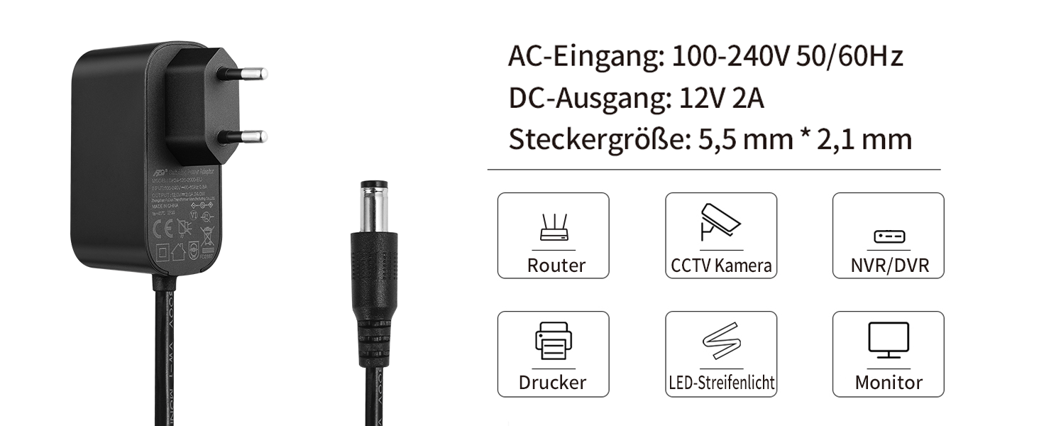 Tonton 12V 2A Netzteil mit 1,8 m Kabel und 8 DC-Steckern – Detail 2