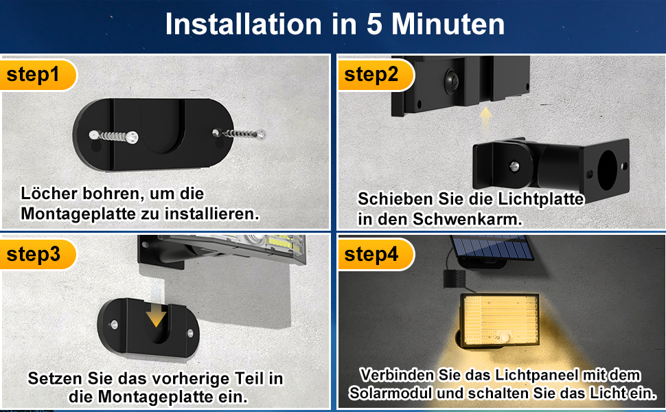 MinPea Solarlampe Warmweiss mit Bewegungsmelder und getrenntem Solarmodul – Detail 7