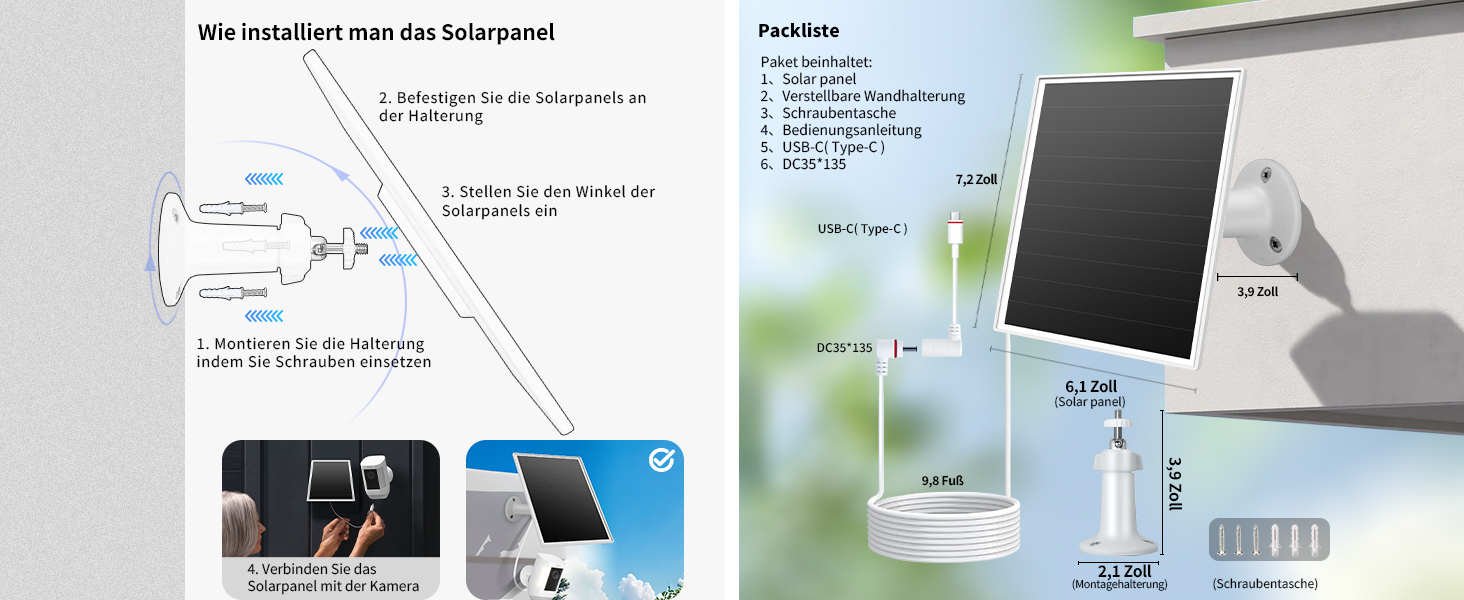 Orayafid 6 W Solarmodul für Ring-Kameras mit USB-C-Adapter – Detail 6