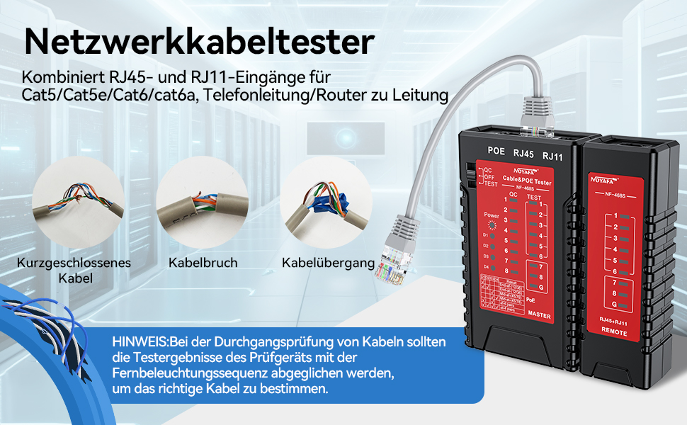 Der NOYAFA NF-468S prüft Netzwerk- und Telefonkabel. Für den Test wird der Stecker am Haupt- und Remote-Gerät angeschlossen. – Detail 5