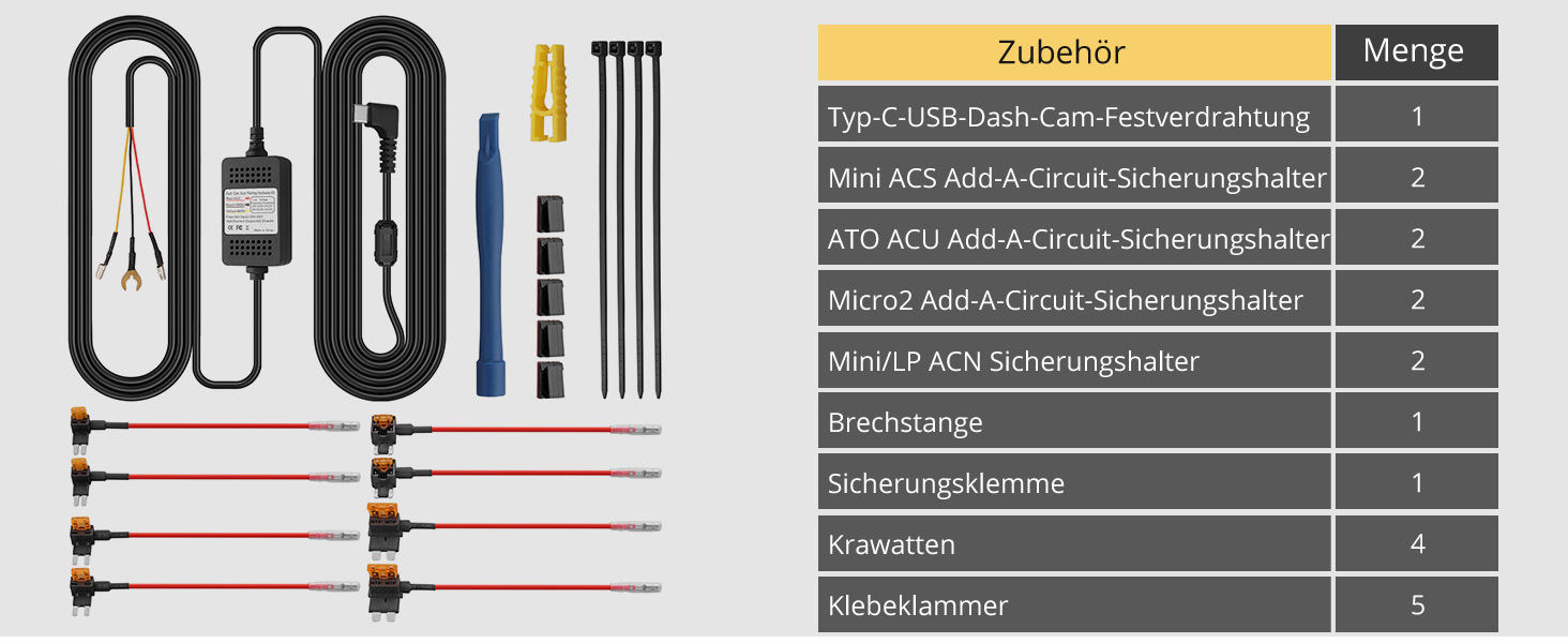 AMTOVL USB-C Hardwire-Kit für Dashcams, 12–24 V, mit Sicherungsadaptern – Detail 5