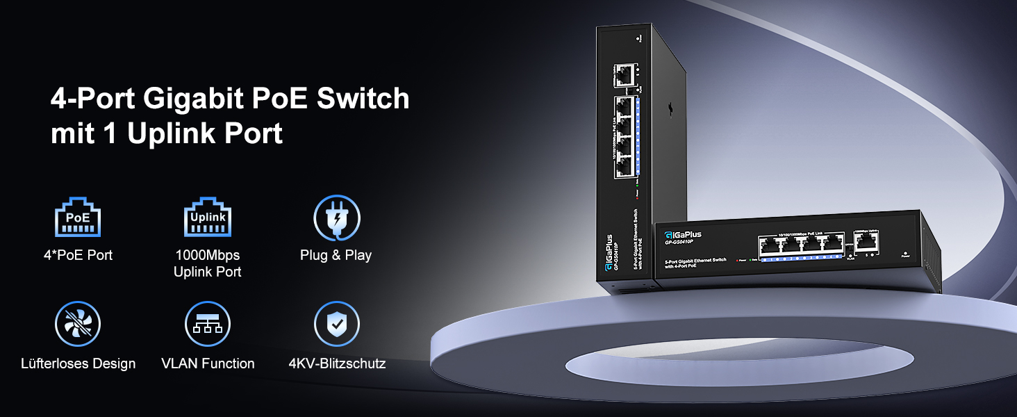 GigaPlus PoE-Switch 5 Port Gigabit, 4 PoE+ Ports, unmanaged, Metallgehäuse – Detail 1