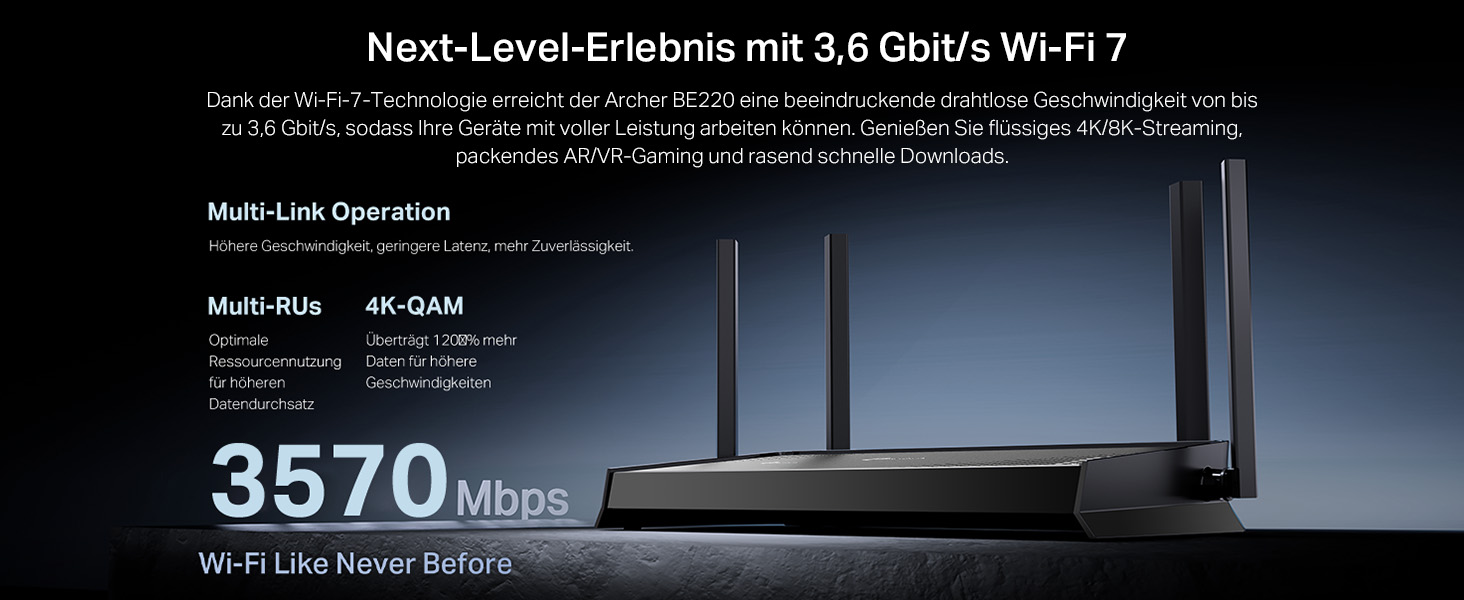 TP-Link Archer BE220 Wi-Fi 7 WLAN-Router mit Antennen – Detail 3