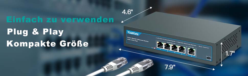 YuanLey 5-Port Gigabit PoE-Switch, 4 PoE+ Ports 78 W, unmanaged, lüfterlos – Detail 4