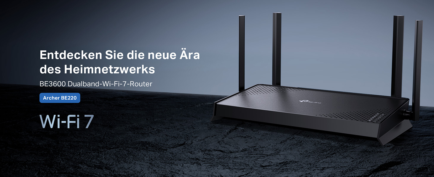 TP-Link Archer BE220 Wi-Fi 7 WLAN-Router mit Antennen – Detail 1