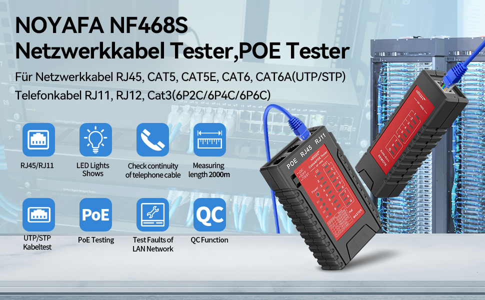 Der NOYAFA NF-468S prüft Netzwerk- und Telefonkabel. Für den Test wird der Stecker am Haupt- und Remote-Gerät angeschlossen. – Detail 1