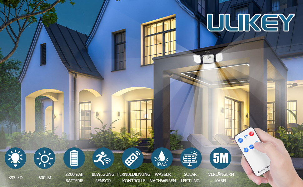Ulikey Solarlampe mit Bewegungsmelder und 333 LEDs für den Aussenbereich – Detail 1