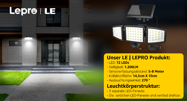 Lepro Solar-Aussenleuchte mit getrenntem Solarpanel und Bewegungsmelder – Detail 4
