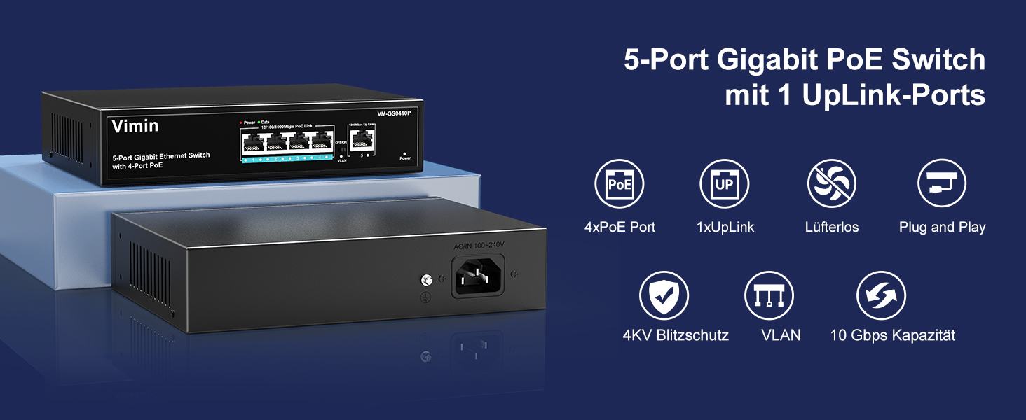 VIMIN 5-Port Gigabit PoE+ Switch, 4 PoE-Ports, 72 W, unmanaged, Metall – Detail 1