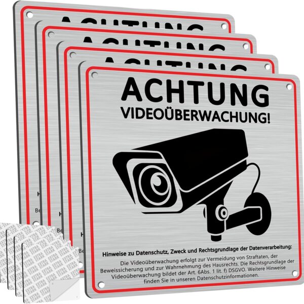 DADAPANGHU 4er-Set Warnschild Videoüberwachung DSGVO, Aluminium 15 x 15 cm – Bild 1