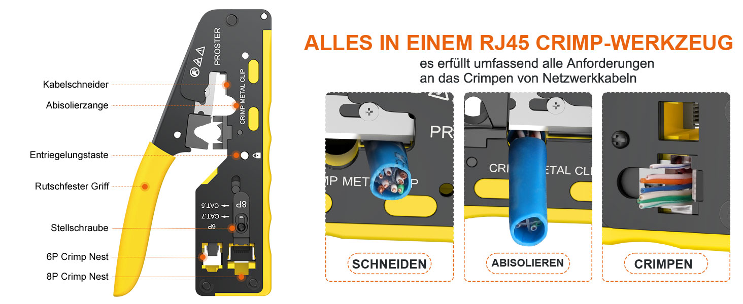 Proster RJ45 Crimpzange Set mit Pass-Through-Steckern – Detail 2