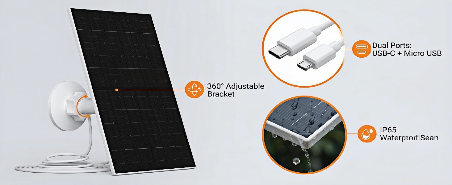 7-W-Solarpanel für Eufy-Kameras mit Halterung und USB-C-Kabel – Detail 2