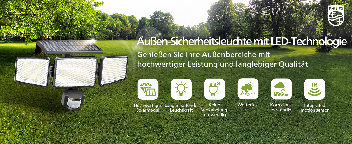 Philips Solarlampe mit 302 LEDs, Bewegungsmelder und drei Köpfen – Detail 1