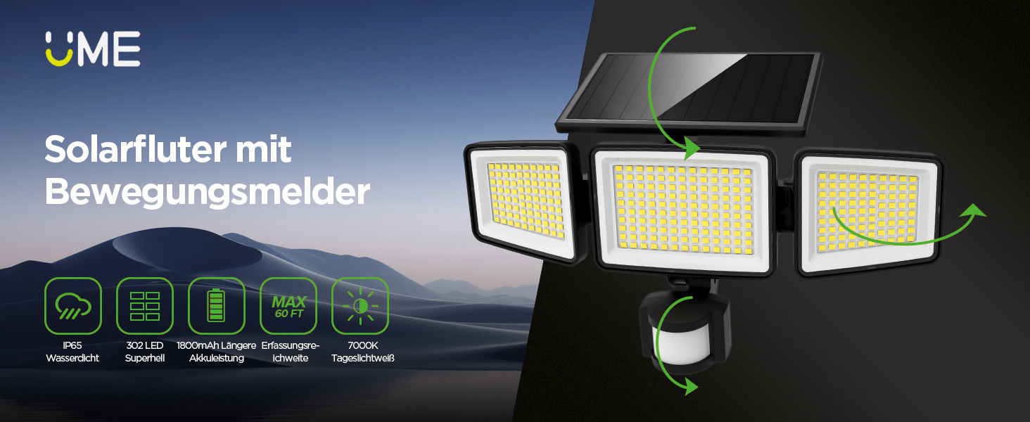 UME Solar-Aussenleuchte mit 302 LEDs und drei Köpfen – Detail 1