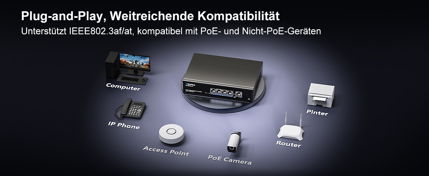 GigaPlus PoE-Switch 5 Port Gigabit, 4 PoE+ Ports, unmanaged, Metallgehäuse – Detail 2