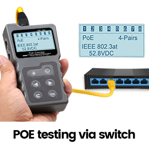 Der VXSCAN NF-488 zeigt Kurzschluss, Querverdrahtung und Unterbrechungen im Kabel an. Die PoE-Funktion prüft die Versorgung der Geräte. – Detail 4