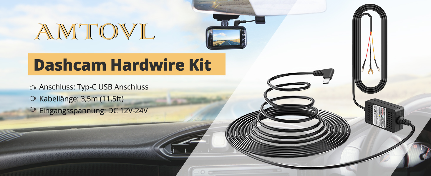 AMTOVL USB-C Hardwire-Kit für Dashcams, 12–24 V, mit Sicherungsadaptern – Detail 1
