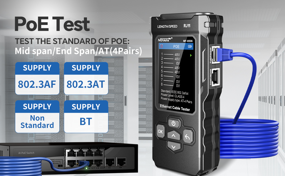 Der Hersteller zeigt die TDR-Längenmessung, den PoE-Test und den IP-Scan in den Produktdetails. – Detail 4