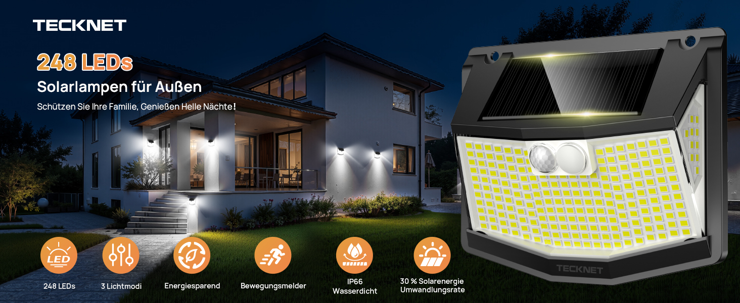 TECKNET Solarlampe Aussen mit Bewegungsmelder, 248 LED – Detail 1