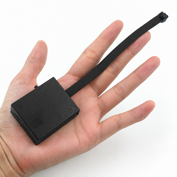 Mini-Kamera im Kompaktgehäuse mit Objektiv an Flachkabel in der Hand
