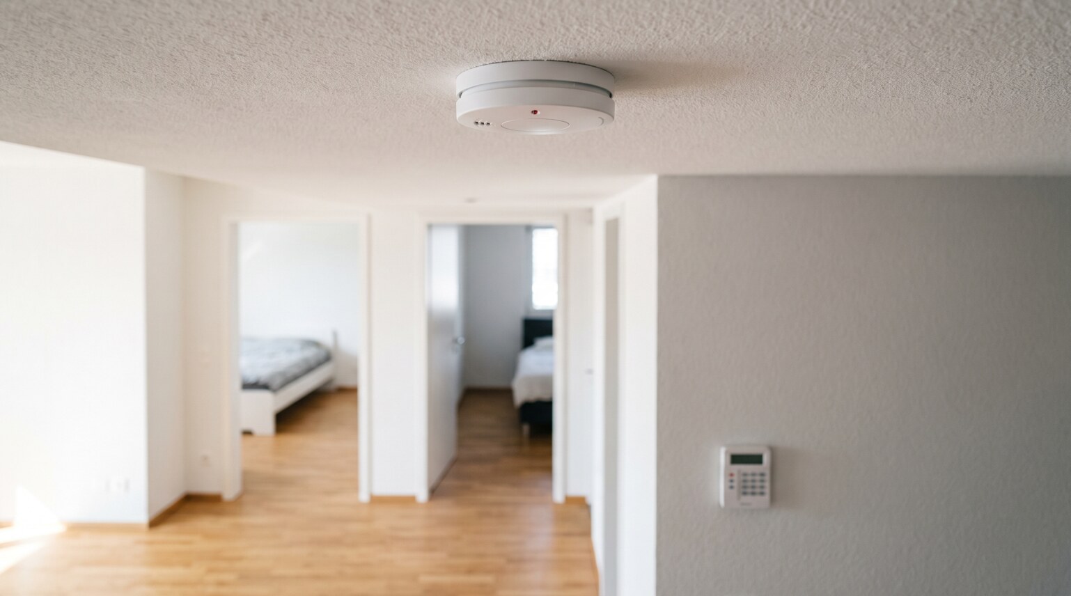 Funk-Rauchmelder an der Decke eines Wohnungsflurs, Alarm-Bedienteil an der Wand