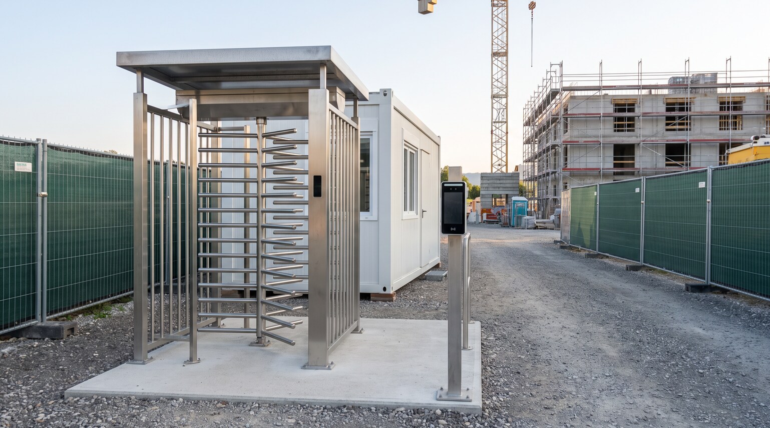 Vollhöhen-Drehkreuz mit Gesichtserkennungsterminal am Eingang einer Baustelle
